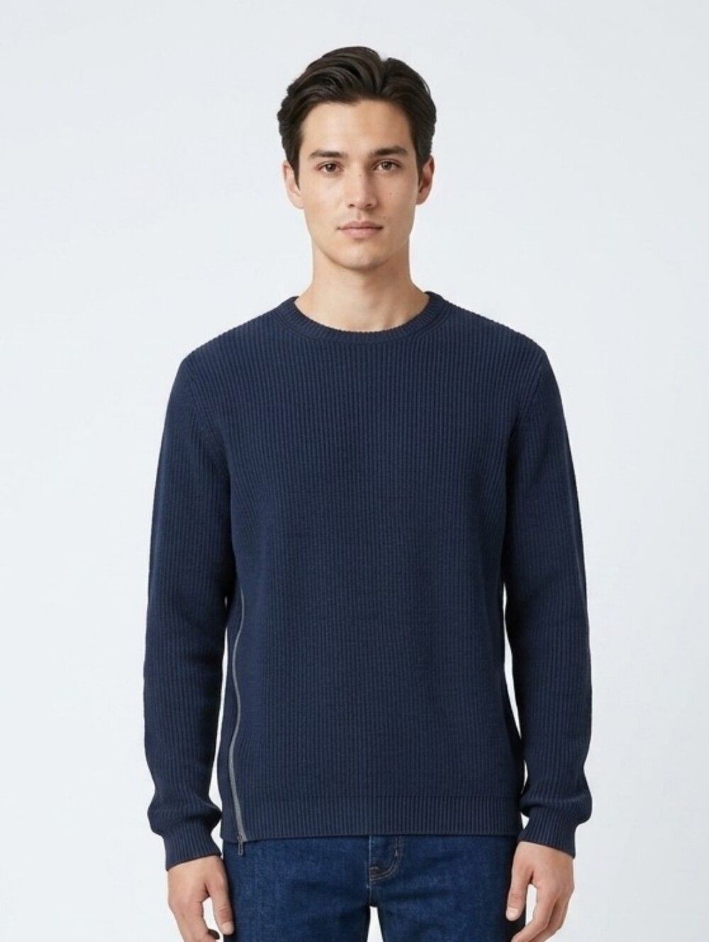 Linksoul Mens Waffle Knit Side Zip Crewneck Sweater Navy Blue Size Large L Golf